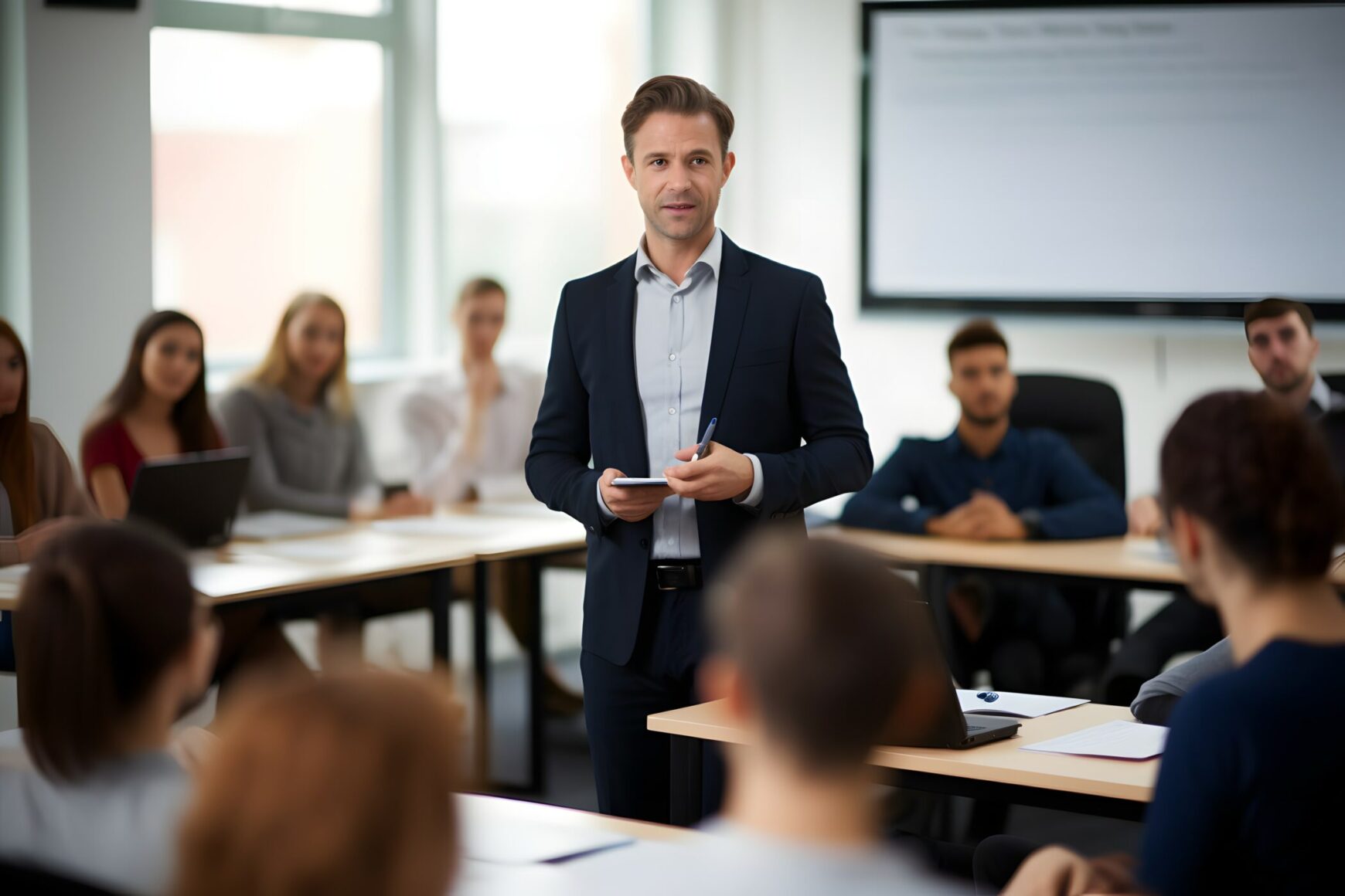 Ein männlicher Trainer hält ein Cybersecurity Training ab,